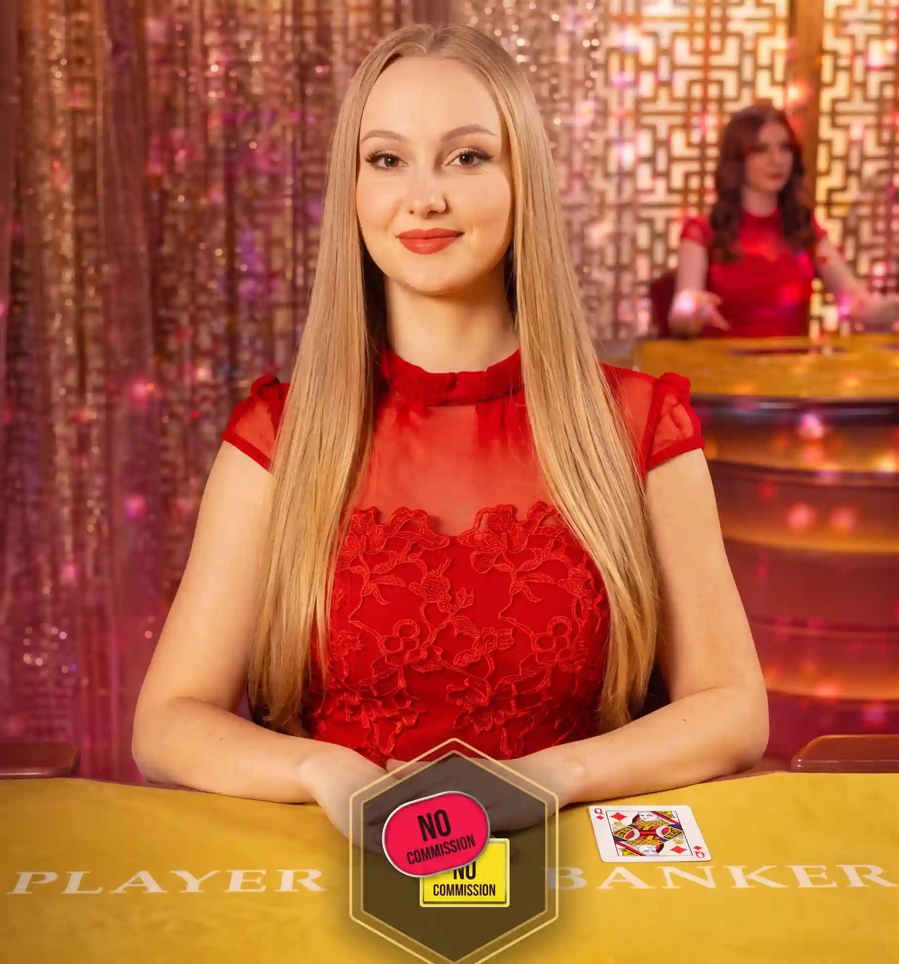 Live Speed Baccarat blonde dealer red dress game